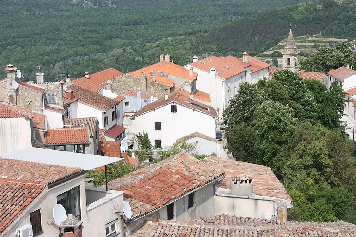 Terracotta roofs on the northeastern side of Motovun looking toward green hills