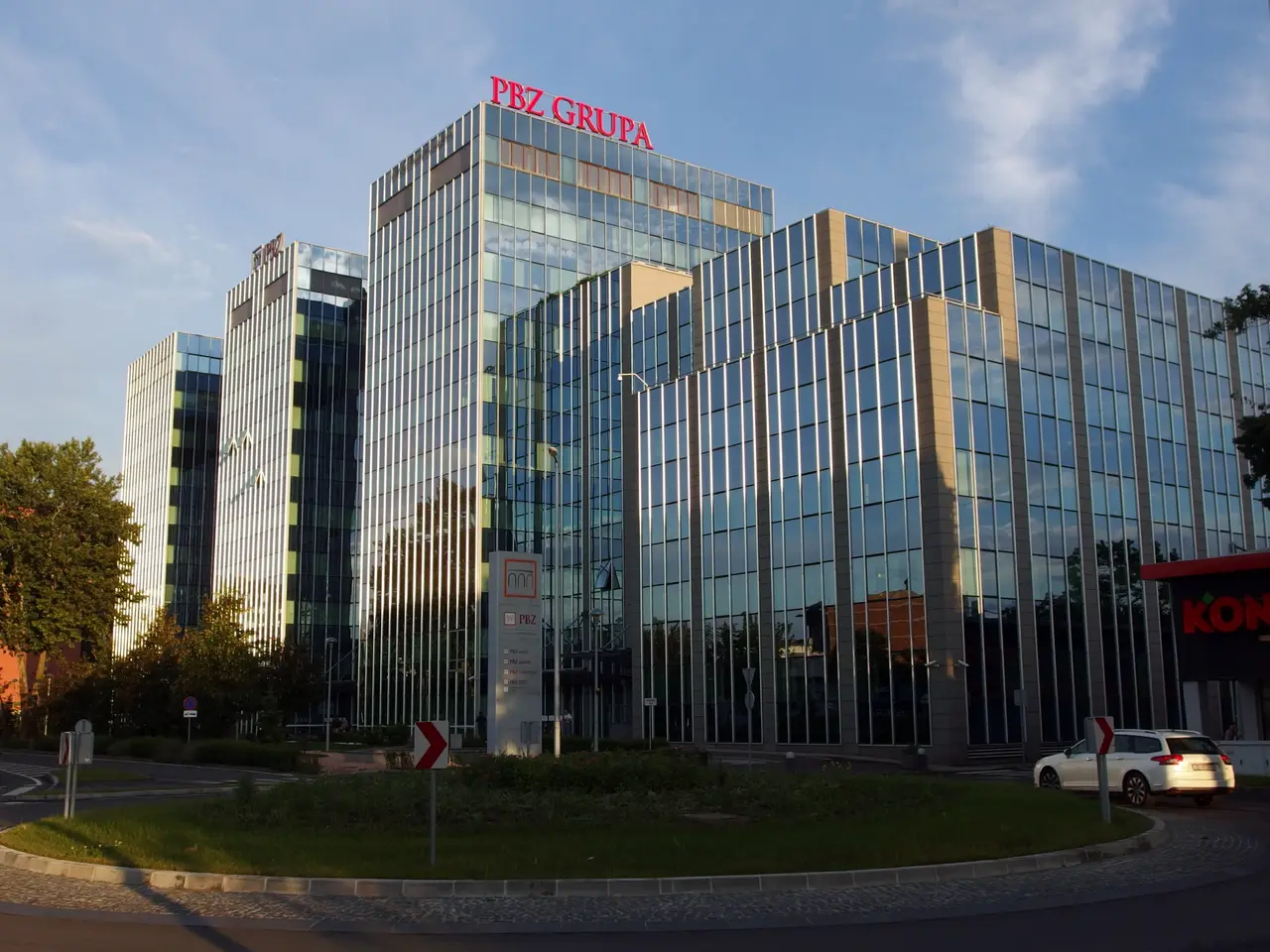 Headquarters of a major Croatian bank in Zagreb at sunset