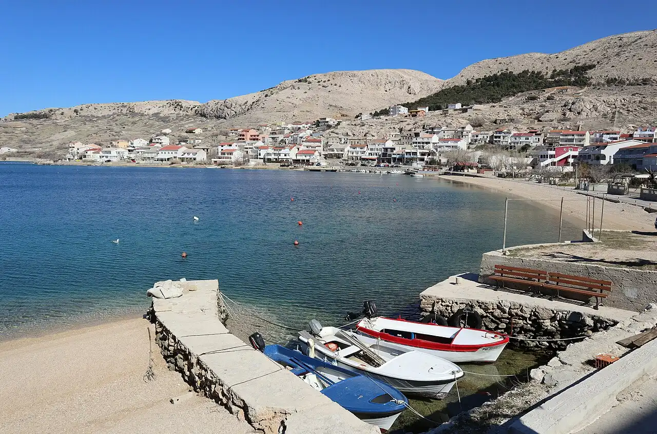 The village of Metajna on the north-east coast of Pag below bare limestone slopes