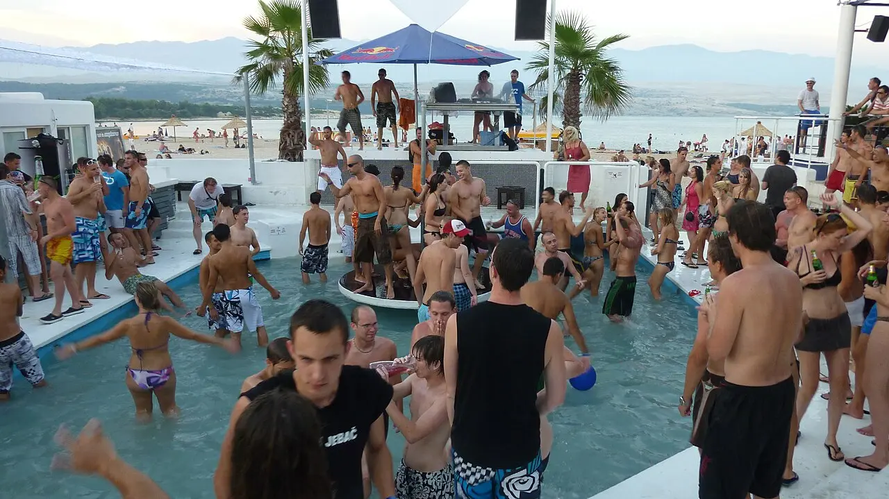 The open-air Aquarius club terrace above the pebbles of Zrće beach on Pag