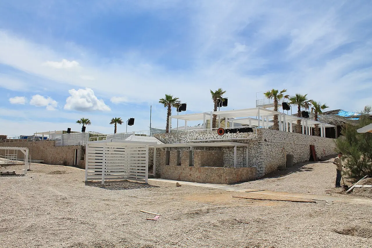 The Papaya club stage and terraces built out over the shore at Zrće beach on Pag