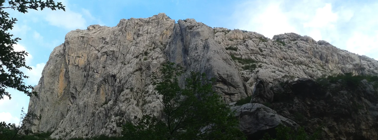 The sheer grey limestone face of Anića Kuk rising above the trees in Velika Paklenica canyon