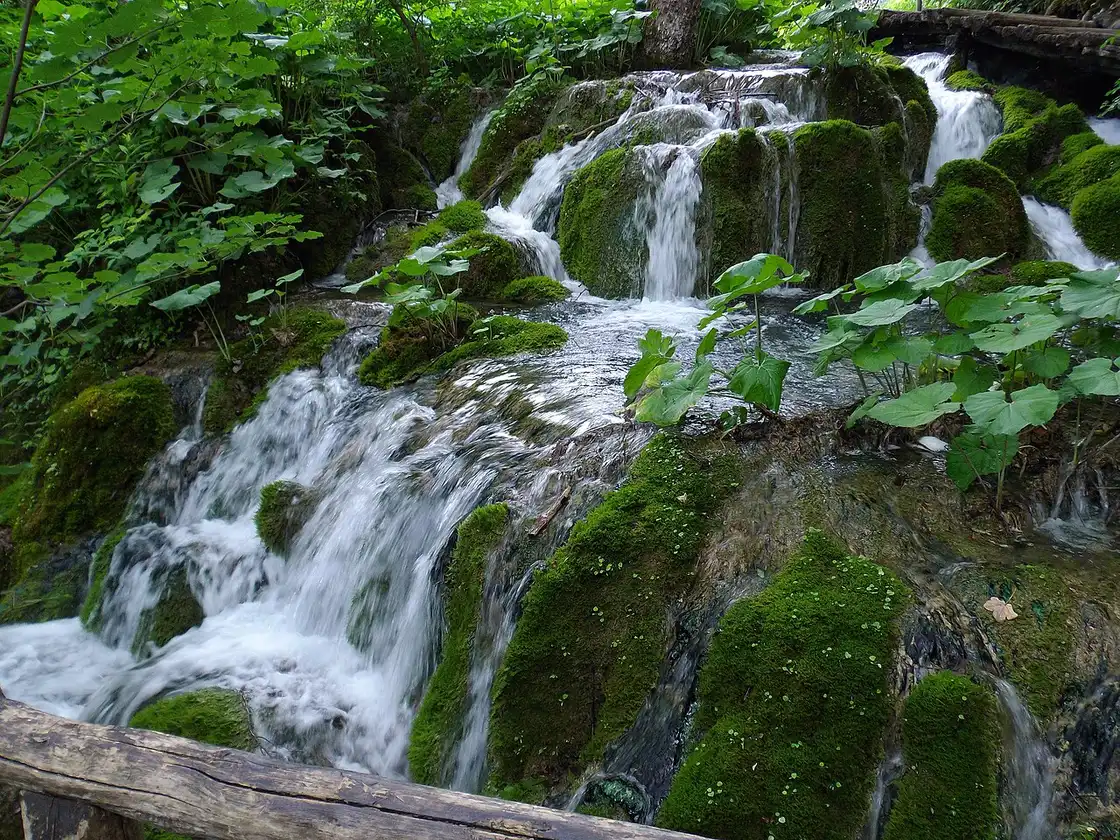 Visitors on wooden boardwalks beside the lakes and falls at Plitvice