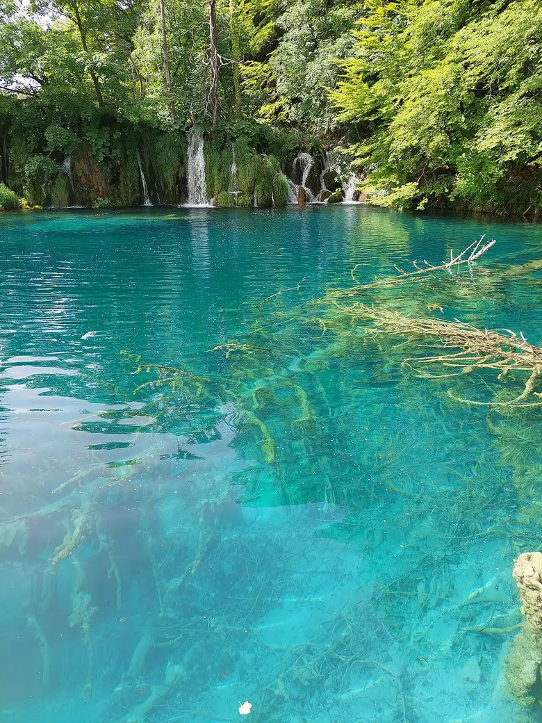 Clear turquoise lake below low waterfalls at Plitvice Lakes