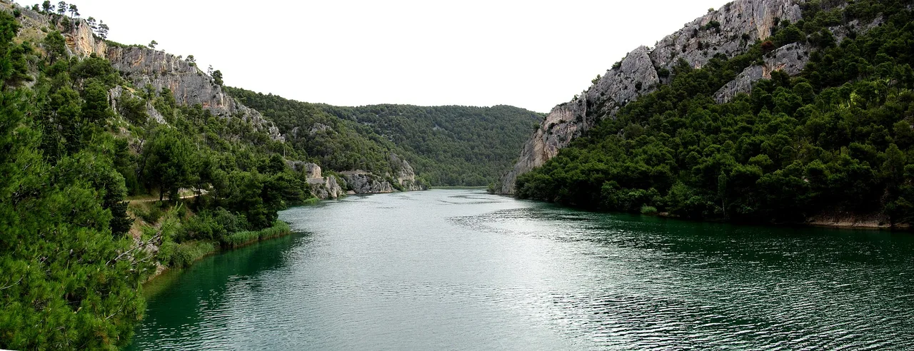 The green Krka river canyon between wooded limestone hills near Skradin