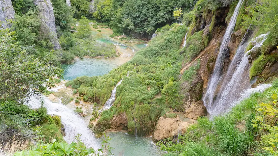 Aerial view of the Lower Lakes and travertine waterfalls at Plitvice Lakes National Park