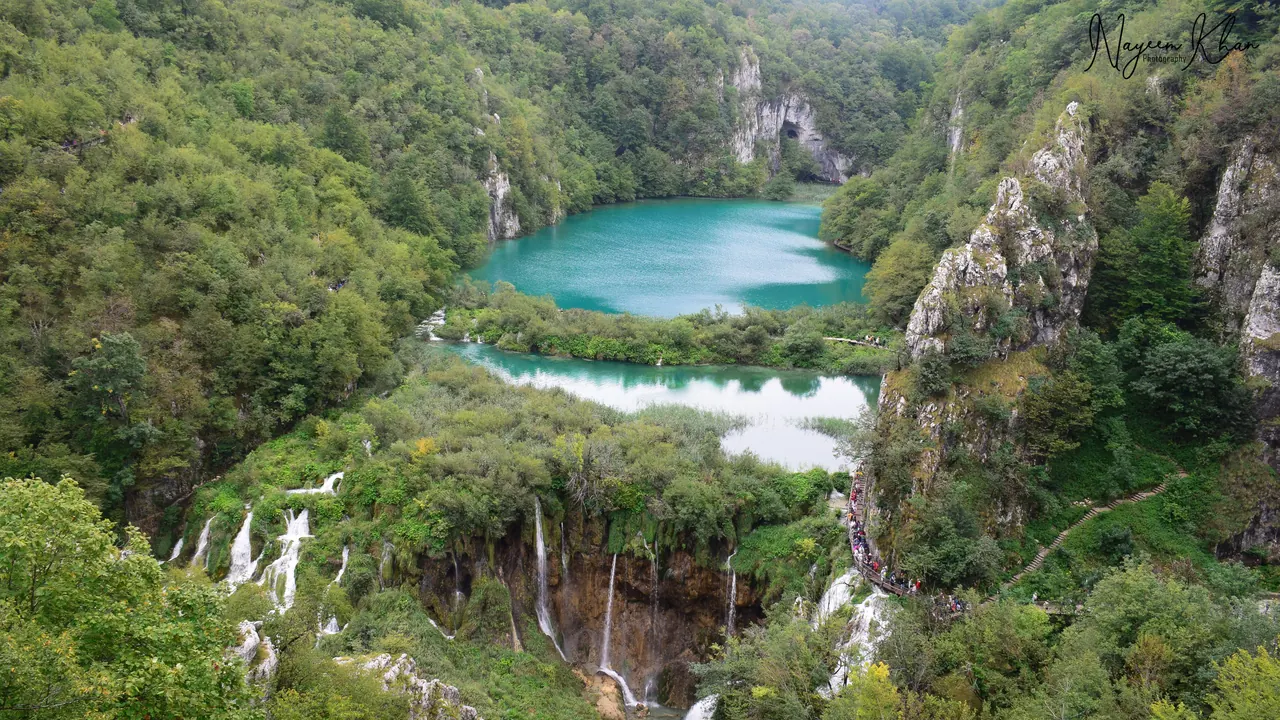 Aerial view of the terraced lakes and waterfalls of the Plitvice gorge