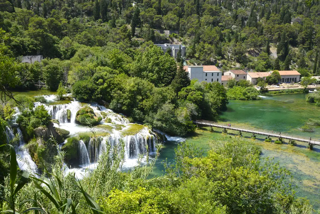 The Skradinski Buk cascades at Krka seen from above with the old mill buildings