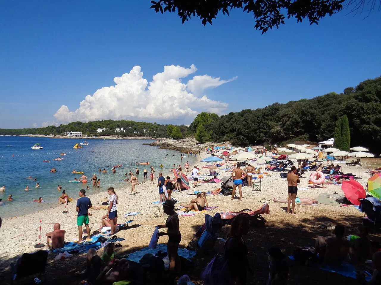 Sun umbrellas, swimmers and clear turquoise water at Ambrela beach on the Verudela peninsula near Pula