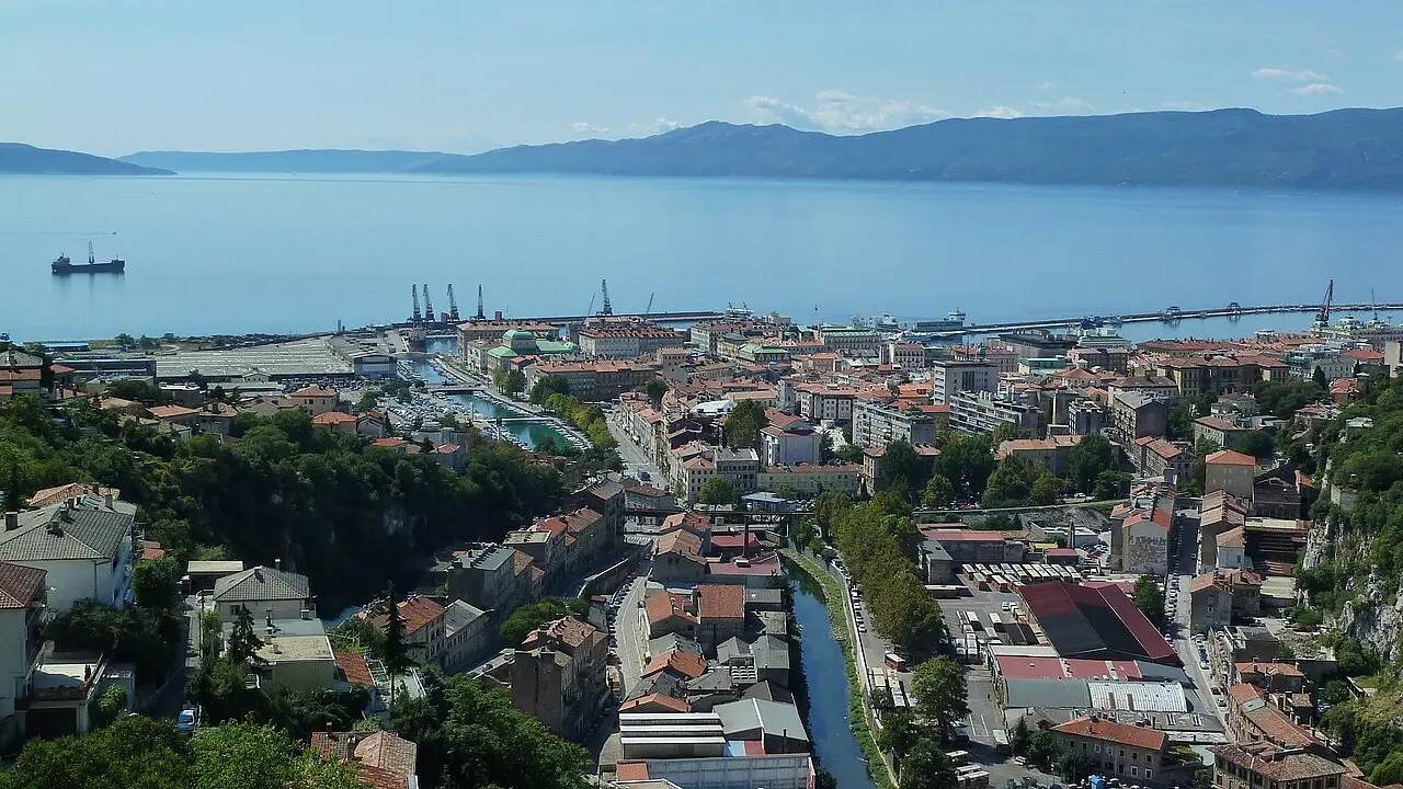 Wide view of Rijeka Bay and the city waterfront from Trsat hill