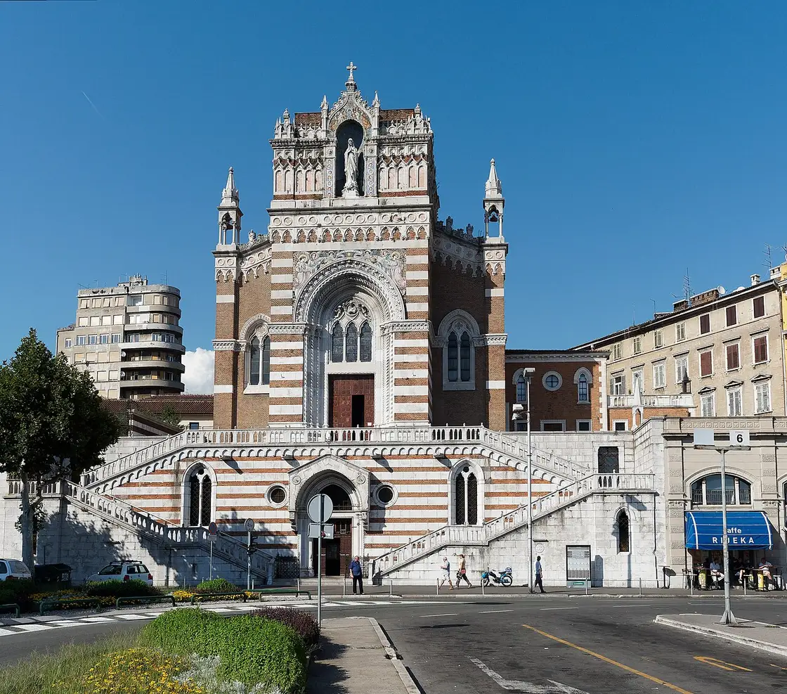 Neo-Gothic facade of the Capuchin Church of Our Lady of Lourdes in Rijeka