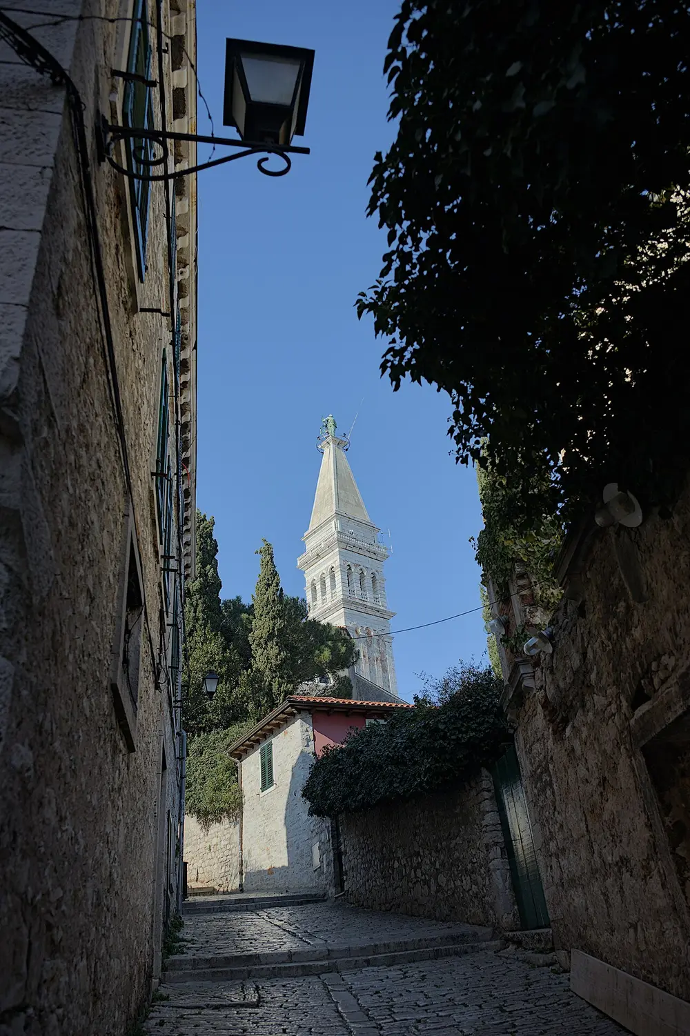 The narrow, steep cobbled lane of Grisia in Rovinj, lined with old stone houses