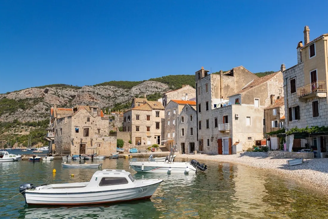 Fishing and leisure boats packed into Komiža harbour on Vis island