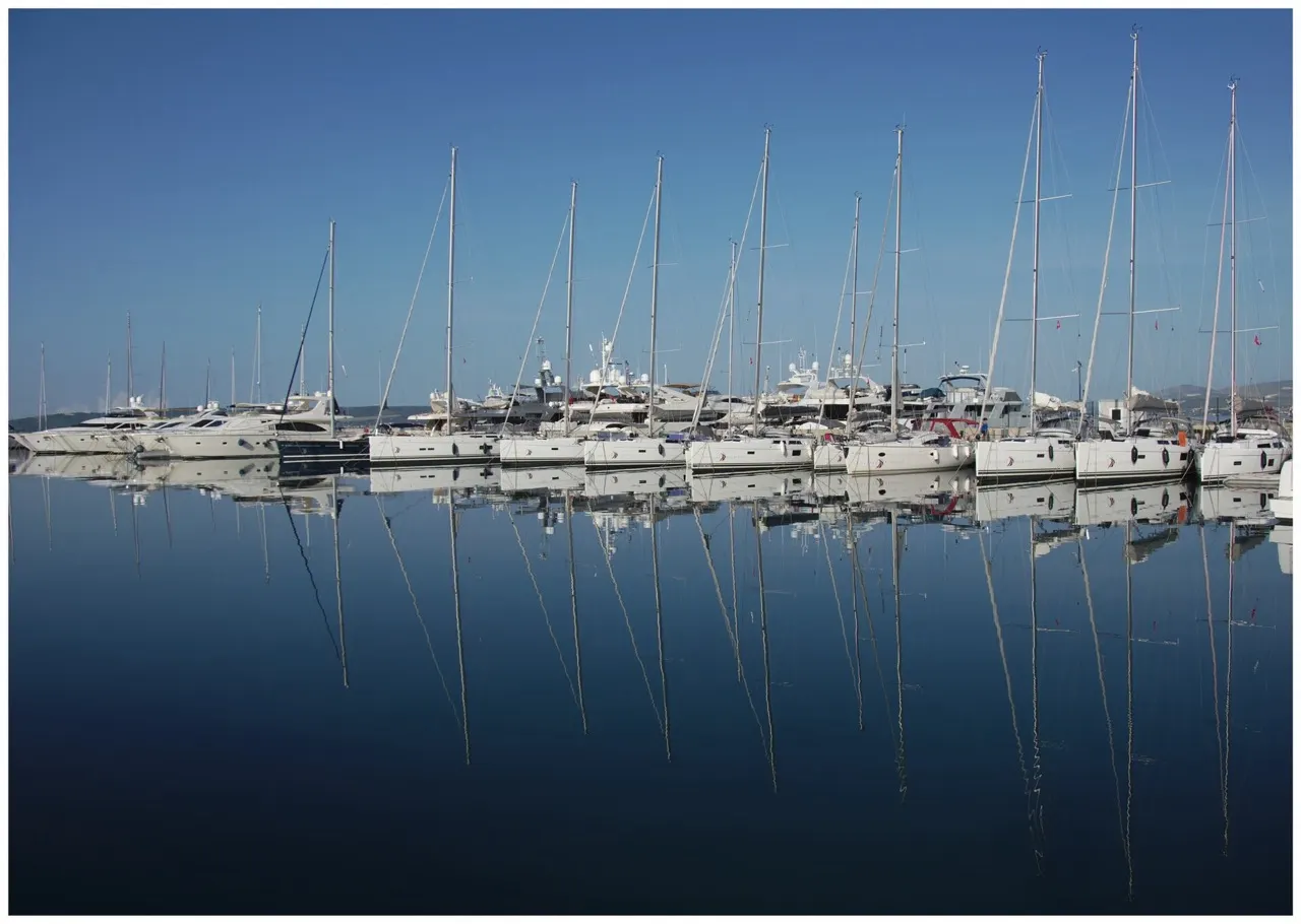 Rows of charter yachts berthed in Marina Kaštela near Split Airport