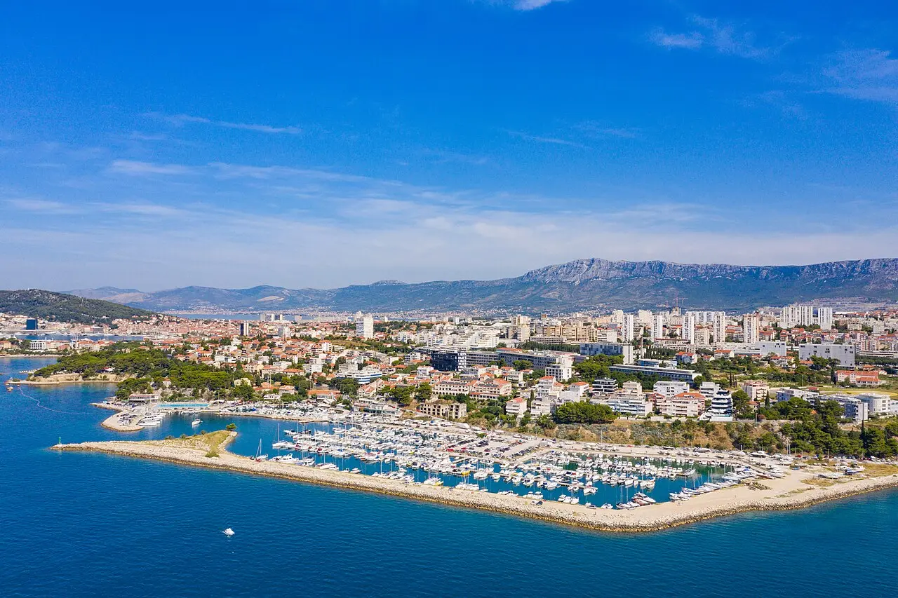 Aerial view of Marina Zenta in Split with rows of yachts along the Adriatic shore
