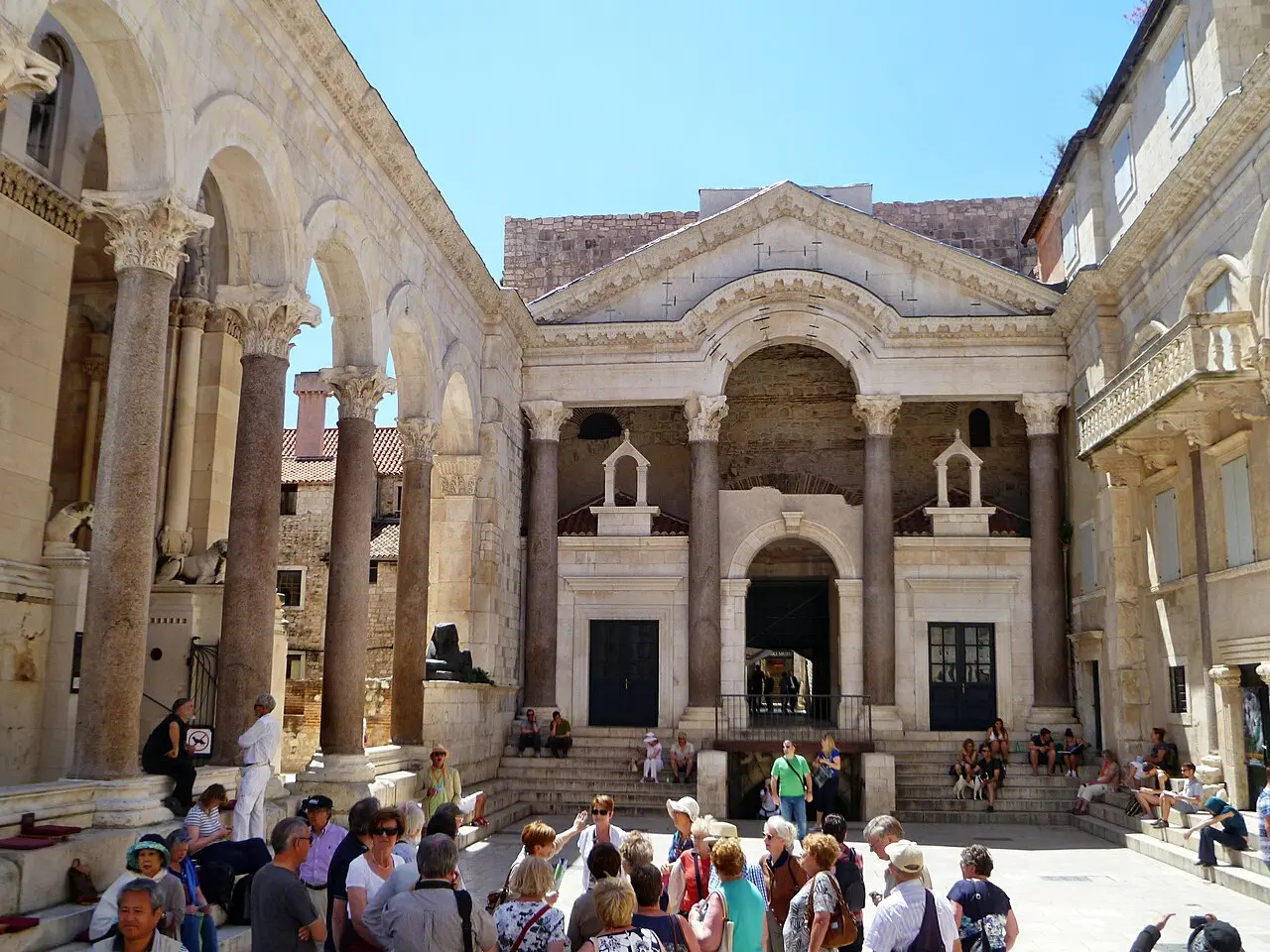 The Peristyle courtyard of Diocletian's Palace in Split ringed by Roman columns