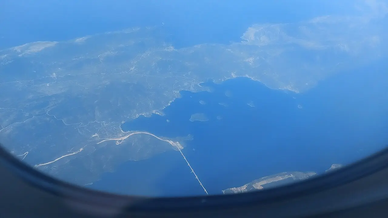 Aerial view of the Pelješac Bridge spanning the sea channel in southern Dalmatia