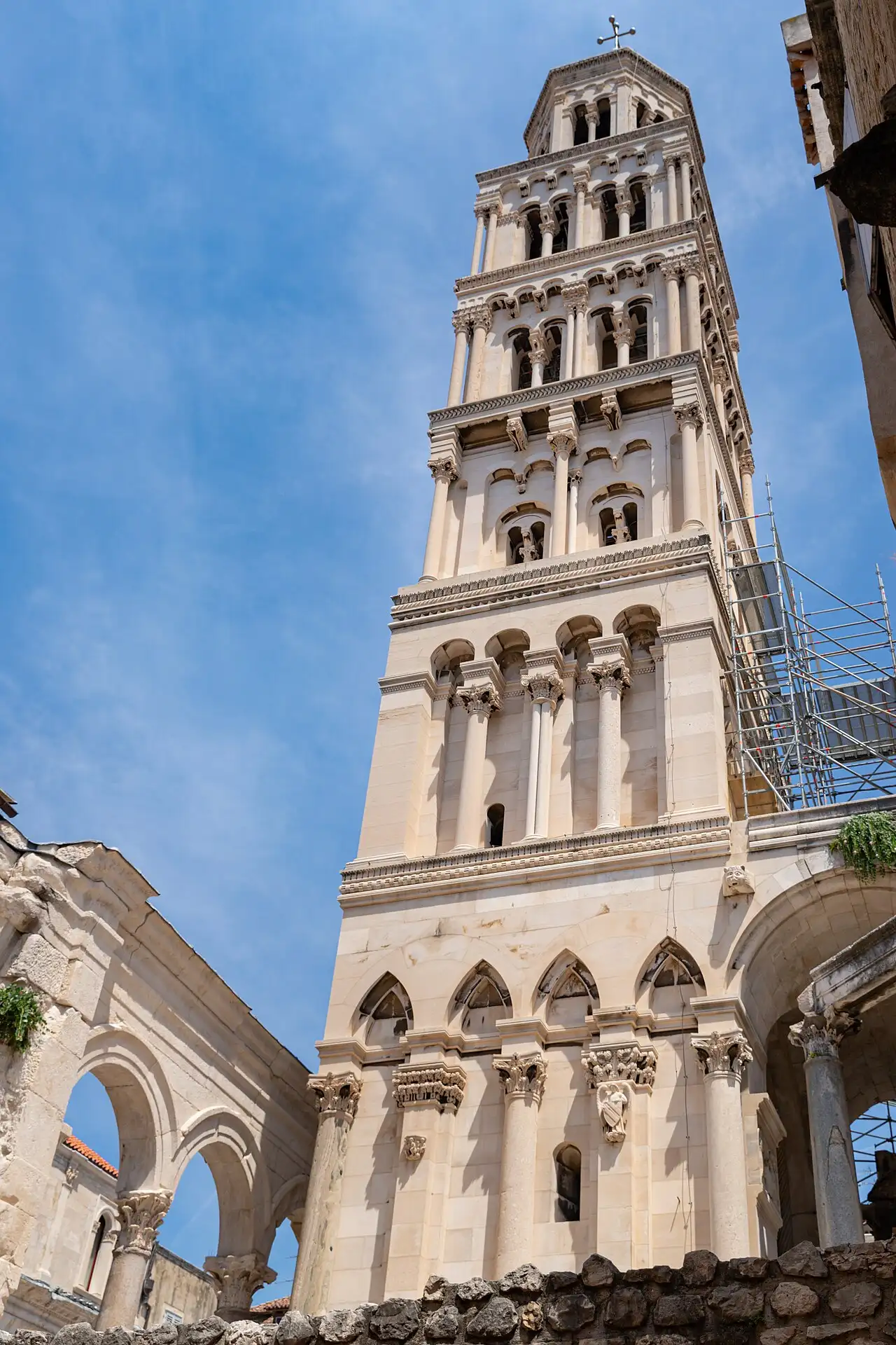 The Romanesque bell tower of the Cathedral of St Domnius rising above Diocletian's Palace in Split