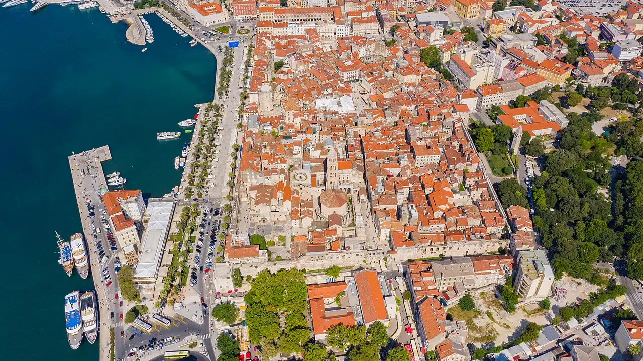 Aerial view of Split's historic centre, Diocletian's Palace and the harbour on the Adriatic