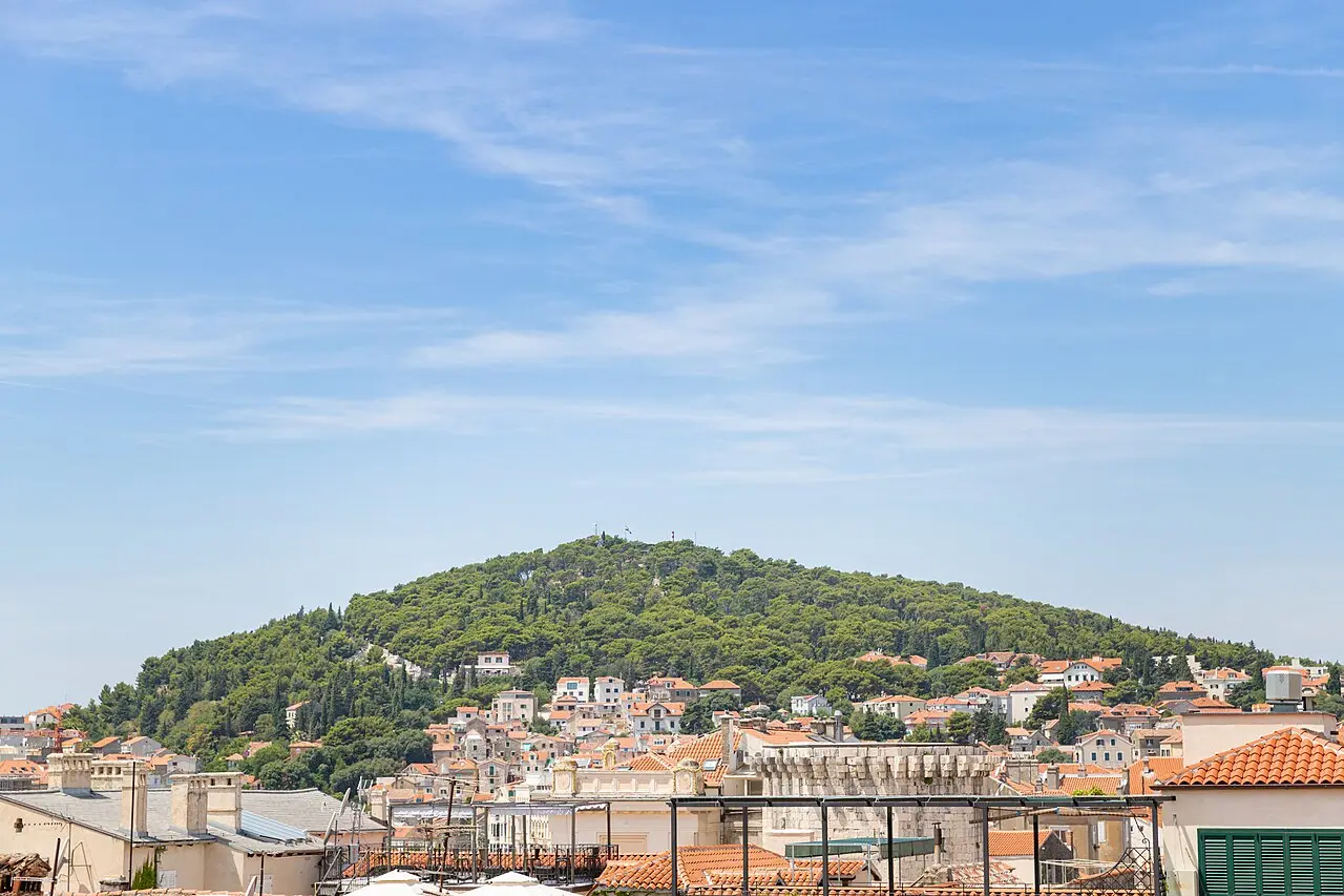 The wooded Marjan hill rising above the terracotta rooftops of Split