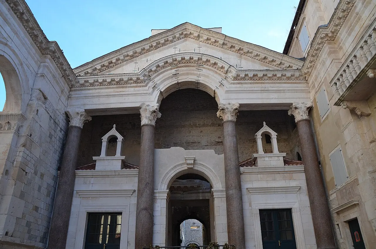 The Protiron and columned facade of Diocletian's Palace above the Peristyle in Split