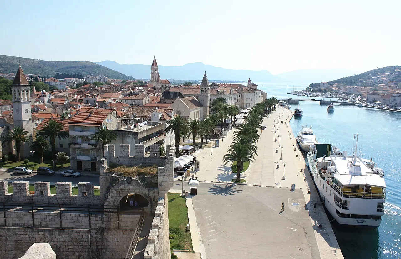 The walled old town of Trogir on its island with the waterfront and bell tower