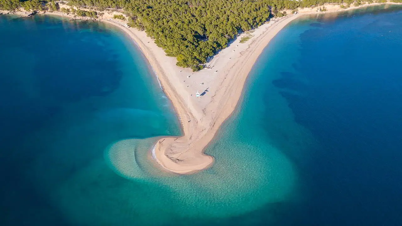 The Zlatni Rat beach near Bol on Brač island, a golden spit reaching into turquoise sea