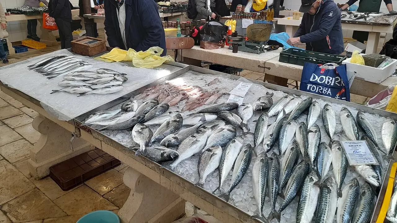 Mackerel and sea bream laid out on ice at a stall in the Split fish market