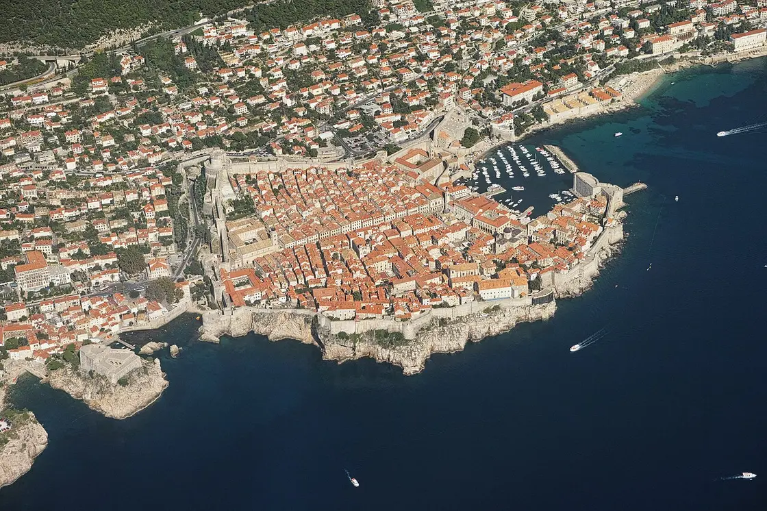 Aerial view of Dubrovnik Old Town terracotta roofs inside the medieval walls on the Adriatic