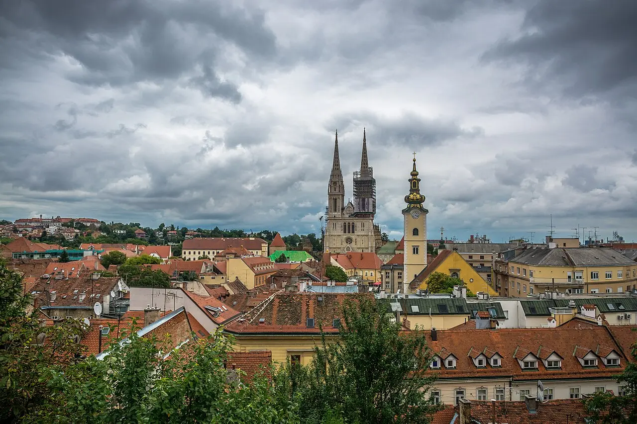Zagreb Cathedral seen from the Upper Town across the red rooftops of the capital