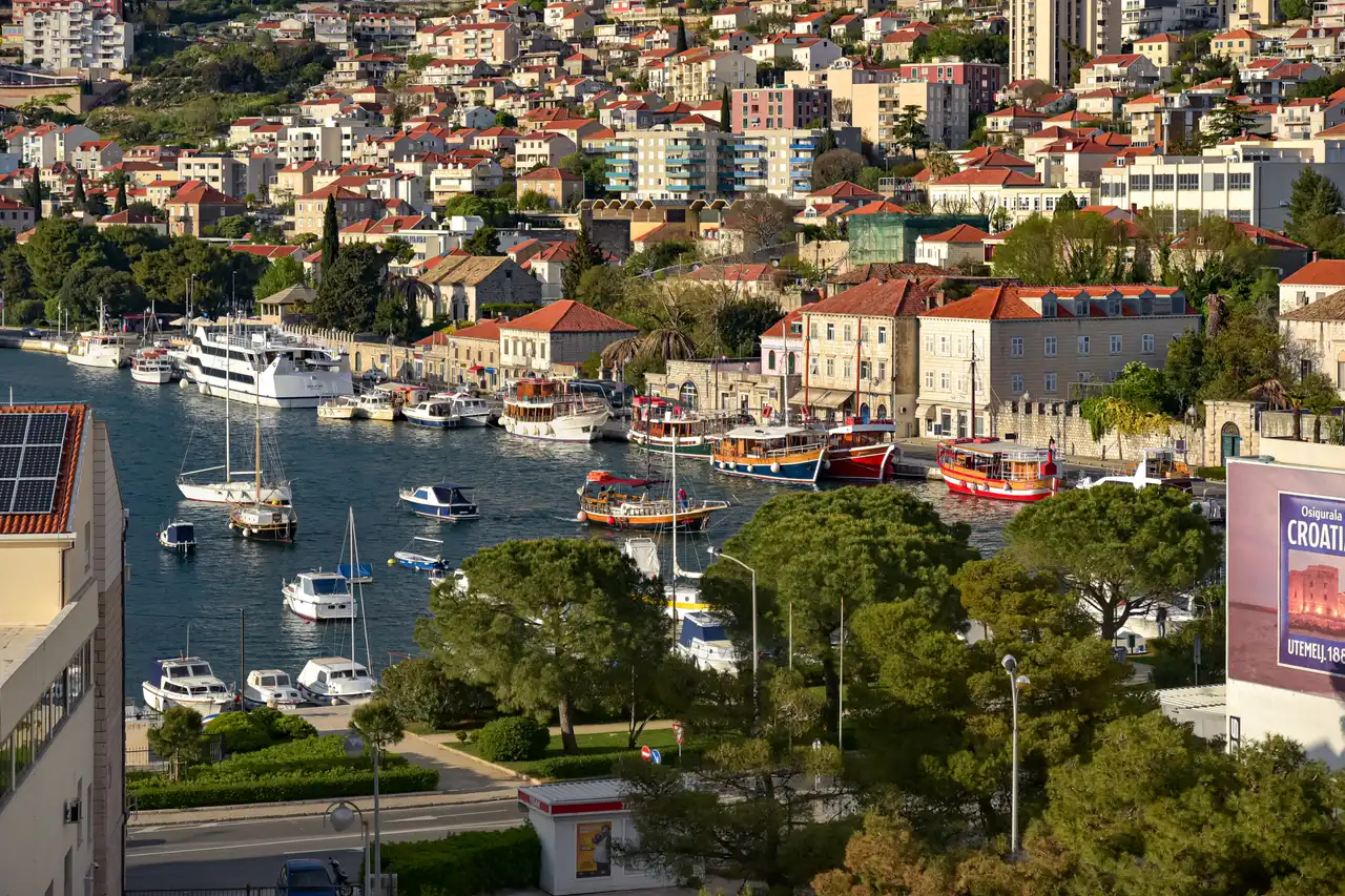 The port of Gruž in Dubrovnik with ferries and the harbourfront buildings