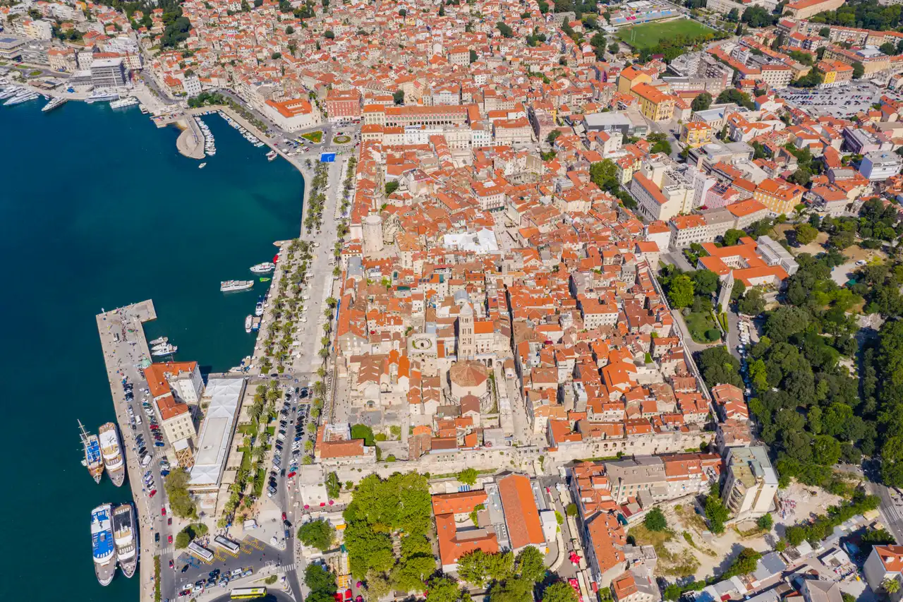 Aerial view of the historic centre of Split with Diocletian's Palace and the Riva on the Adriatic