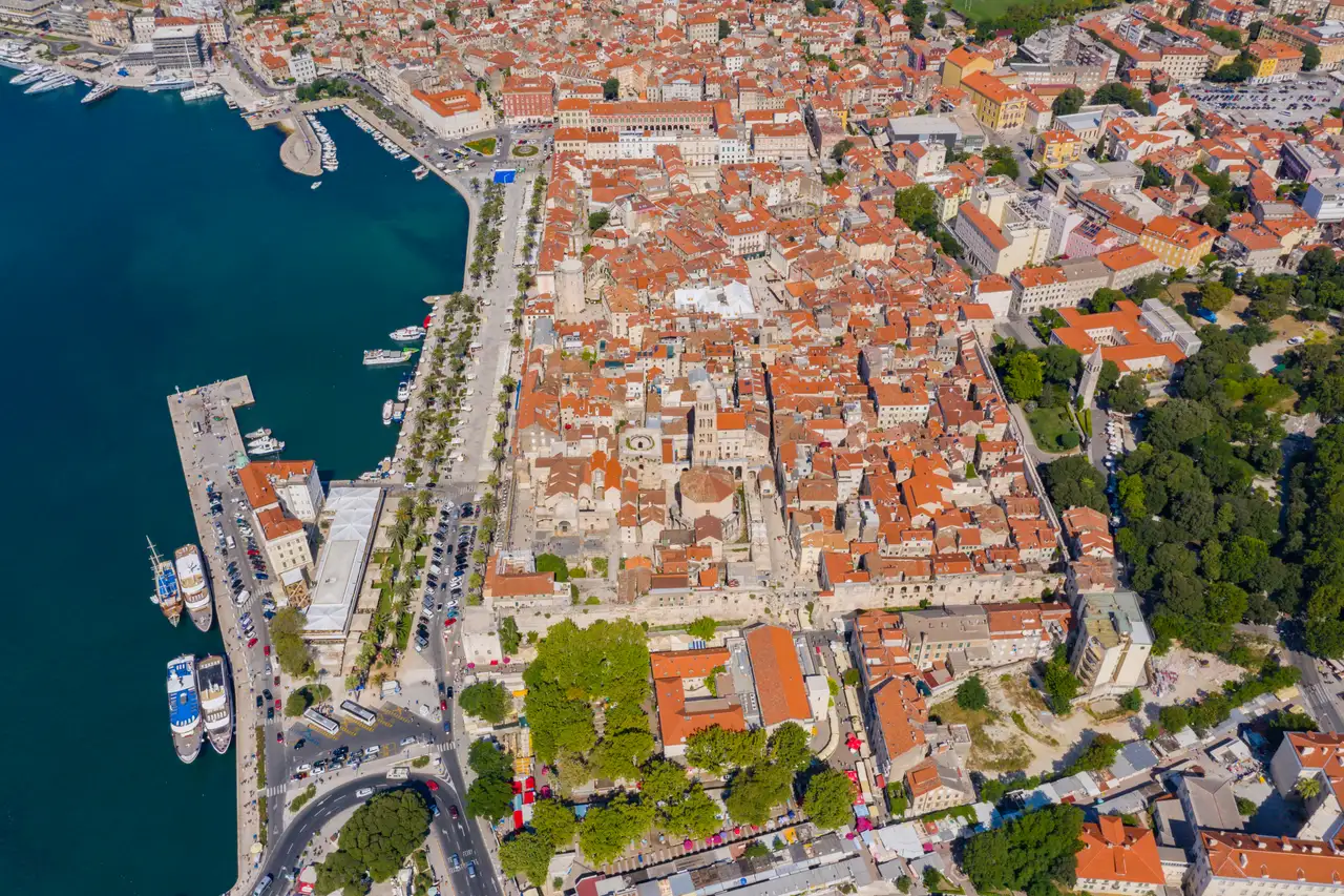 Aerial view of Diocletian's Palace and the dense old town of Split from above