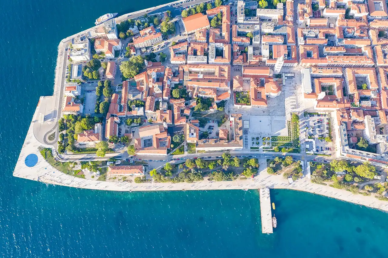 Aerial view toward the Roman Forum and churches in the heart of Zadar old town