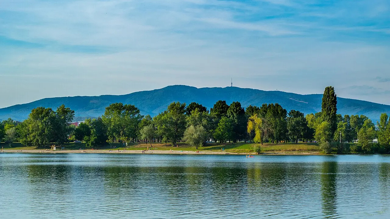 Jarun Lake in Zagreb with Medvednica mountain in the distance