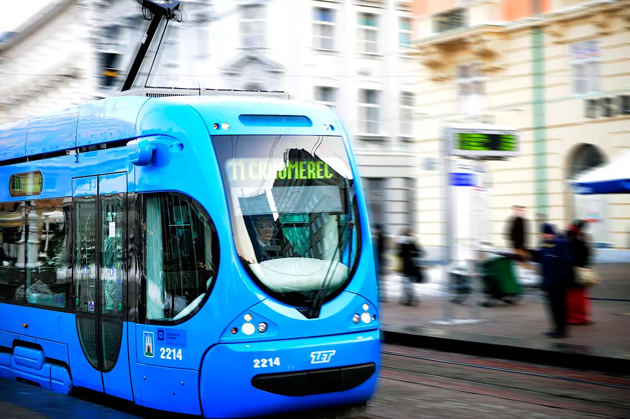 Blue ZET tram on Ban Jelačić Square in Zagreb
