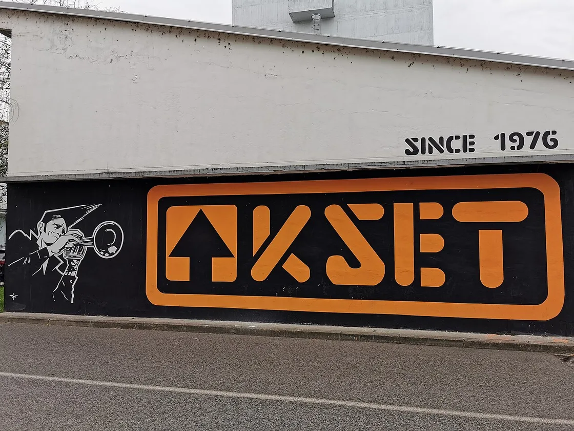 Mural on the exterior of KSET's former boiler-room venue at the Faculty of Electrical Engineering in Zagreb