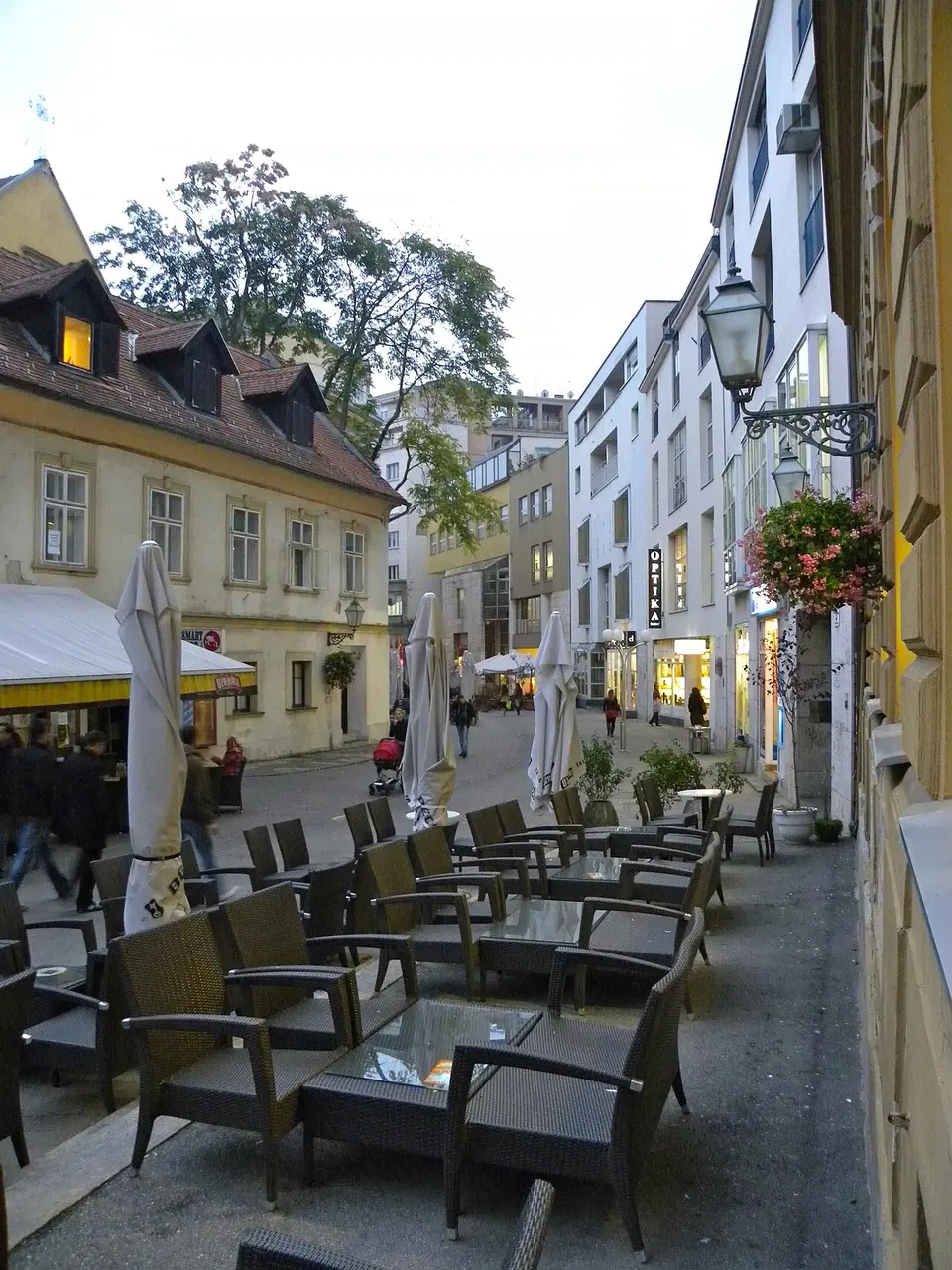 Cafe and bar terraces at the start of Tkalčićeva street in Zagreb in daylight