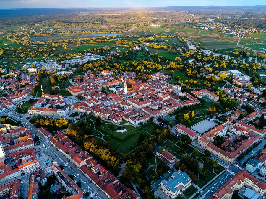 Aerial view of Karlovac showing the six-pointed star outline of the old fortress town and its green ramparts