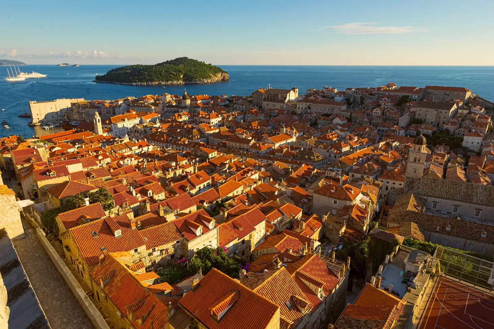 Aerial view of the walled Old Town of Dubrovnik on its headland above the Adriatic