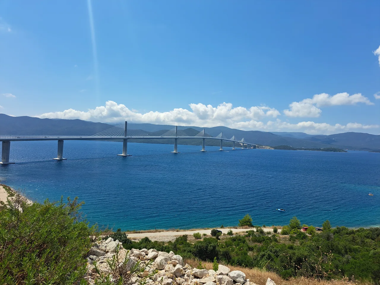 The calm waters of Mali Ston Bay near the base of the Pelješac peninsula