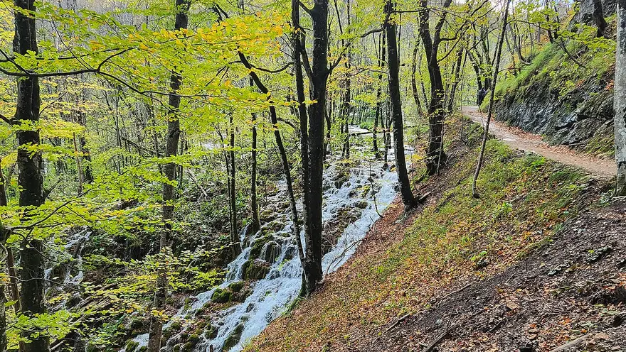 Autumn colours over the lakes and falls at Plitvice