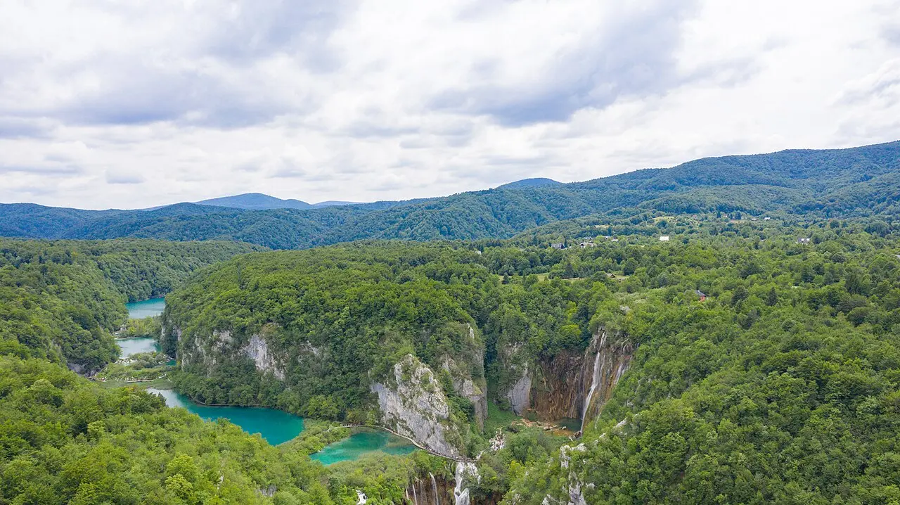 Aerial view of the Great Waterfall at Plitvice Lakes National Park