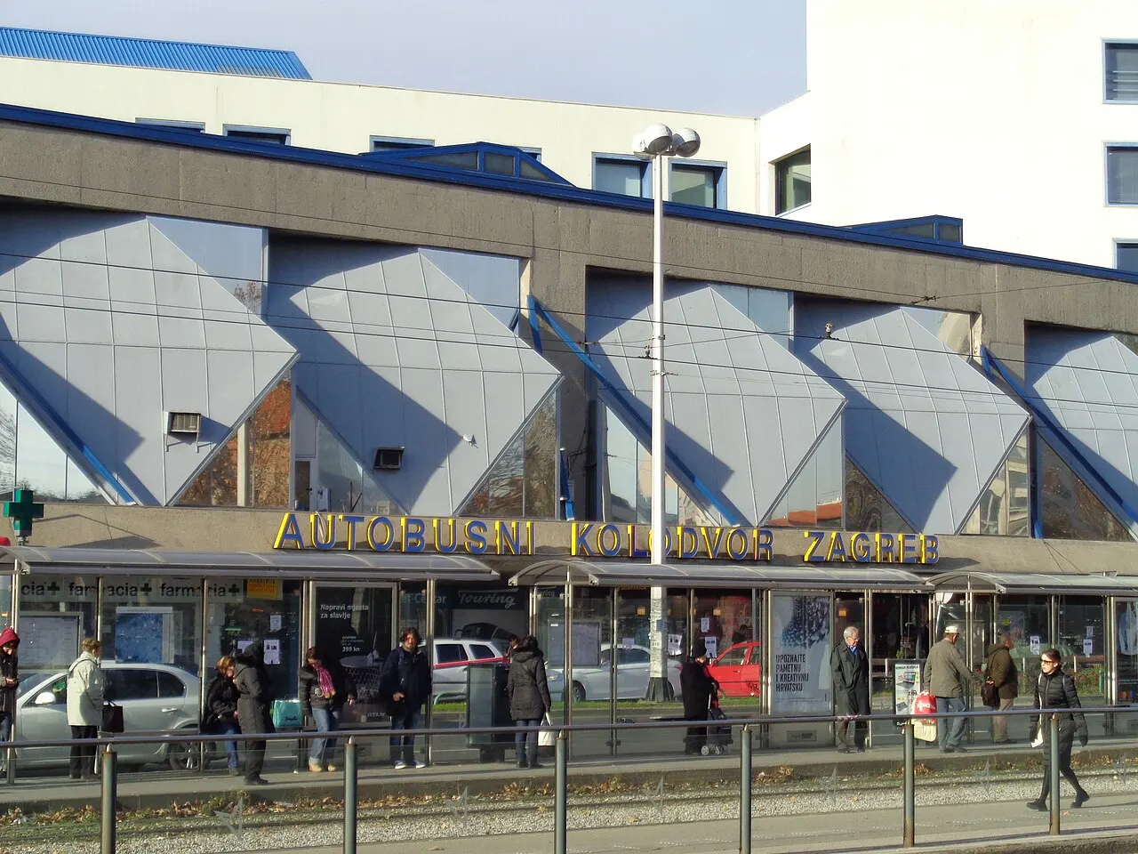 Coaches and passengers at Zagreb's main bus station on Avenija Marina Drzica