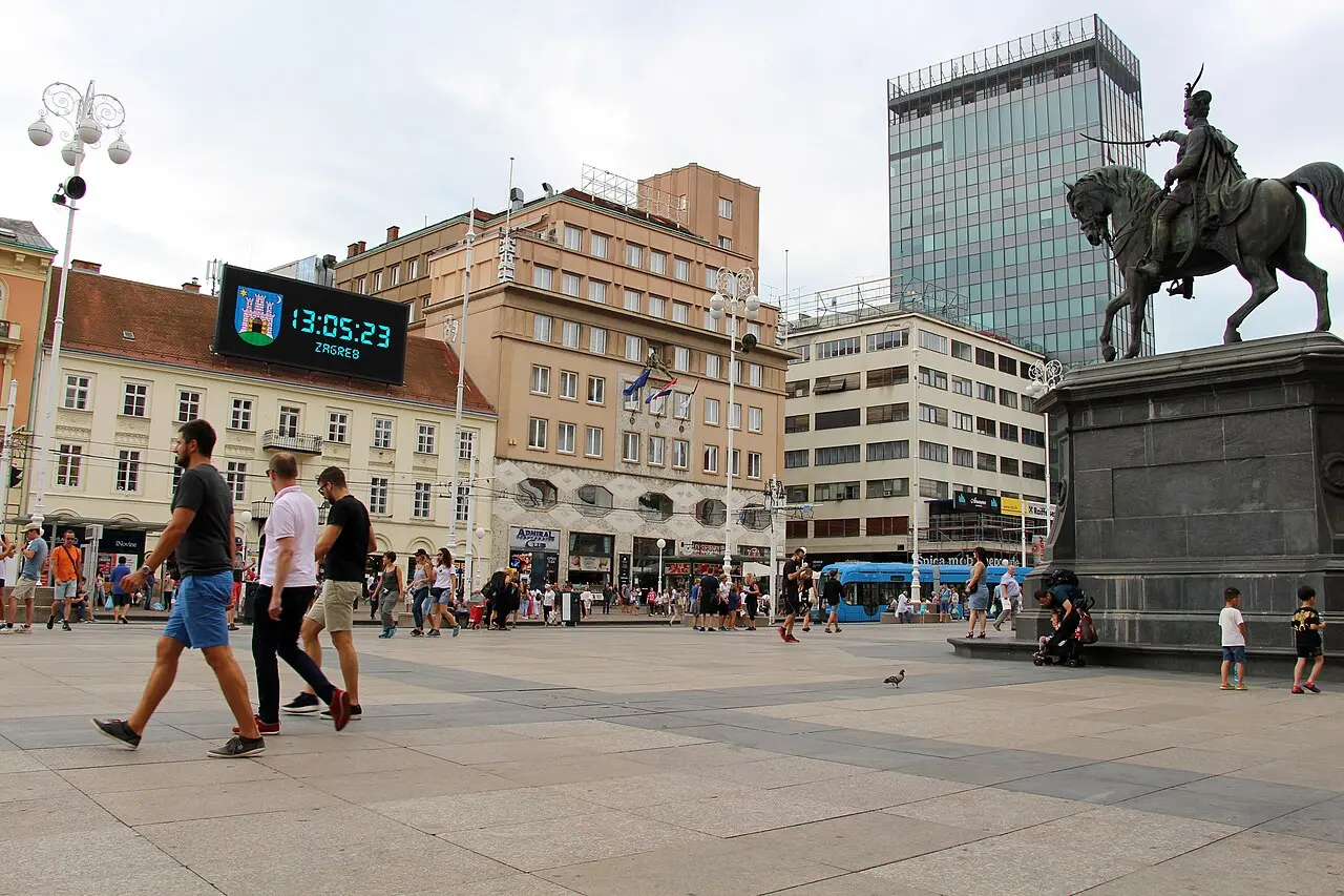 Ban Jelačić Square in Zagreb with the equestrian statue and green clock
