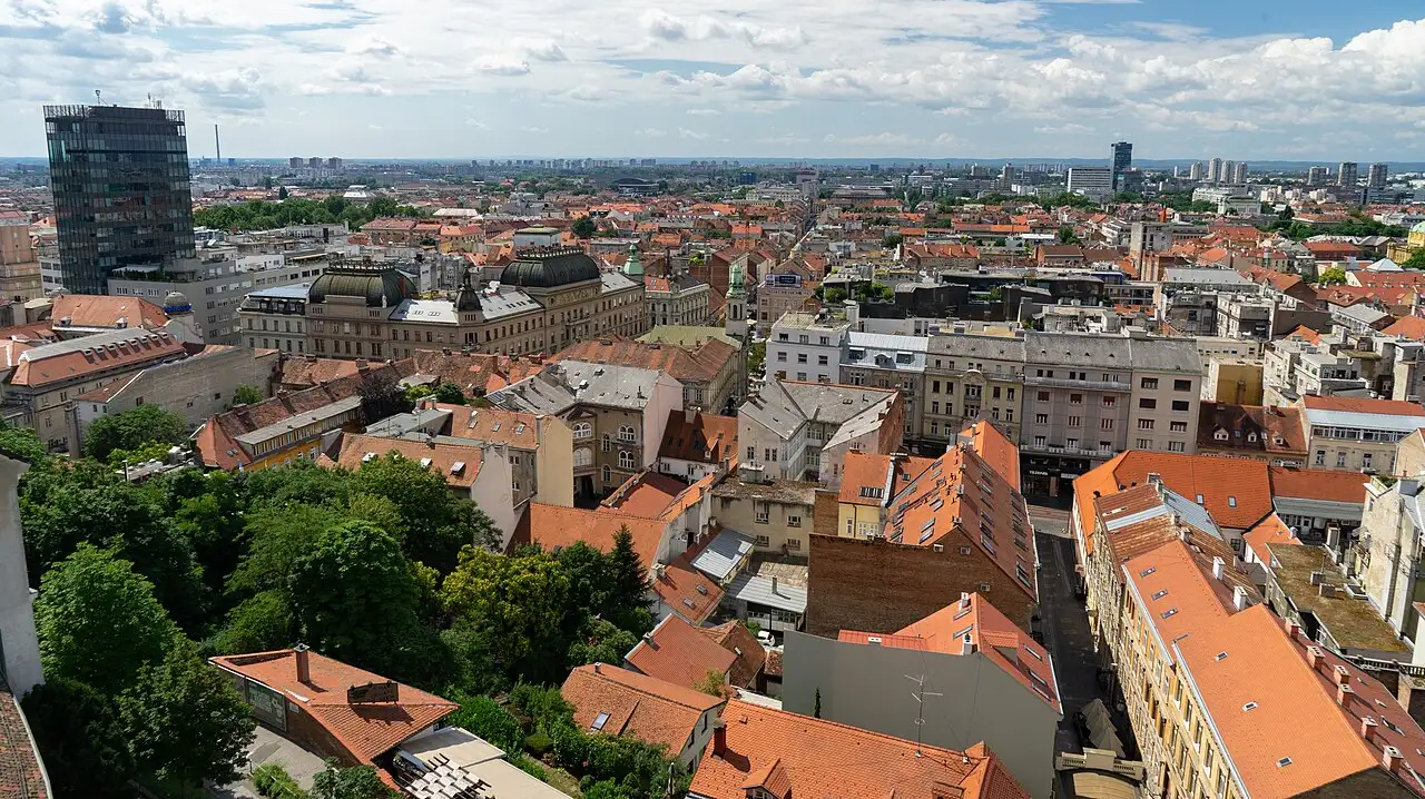 Panorama of central Zagreb with its red rooftops seen from Lotrščak Tower