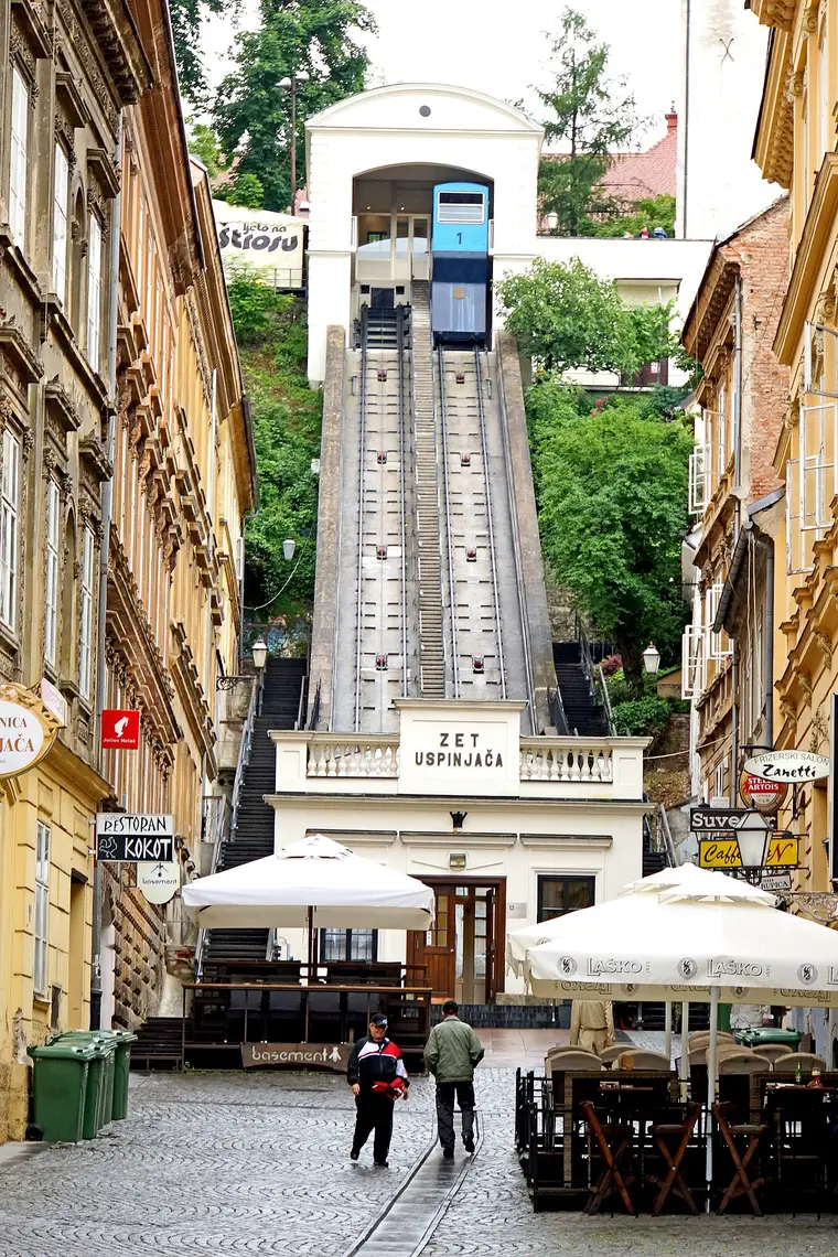 The historic blue funicular car of Zagreb